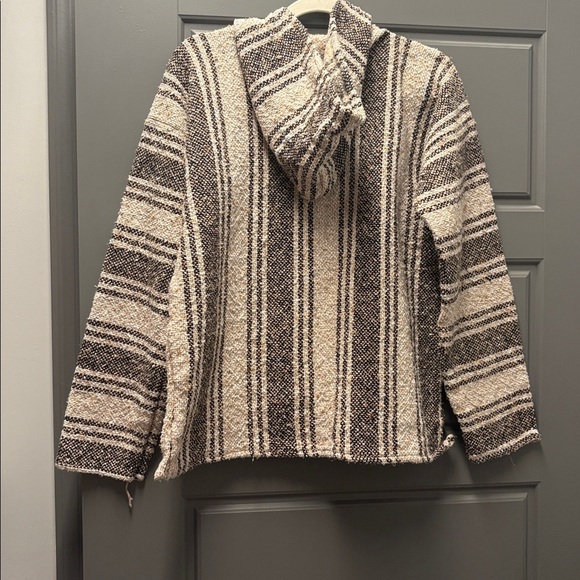 Striped Baja pullover sweatshirt with hood neutral colors kangaroo front pocket - Picture 6 of 7